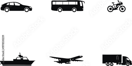 Transportation Icons Set: A comprehensive collection of iconic transportation vehicles, each meticulously crafted to represent diverse modes of movement. From personal cars to aircraft.