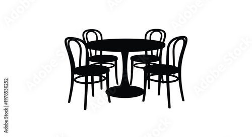 Black silhouette of a round dining table with four chairs