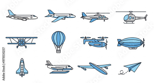 Collection of various aircraft and flying vehicles illustration.