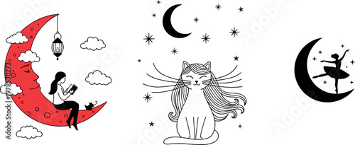 Mystical night illustrations set with crescent moon, reading woman, magical cat and fairy silhouette, celestial fantasy vector collection