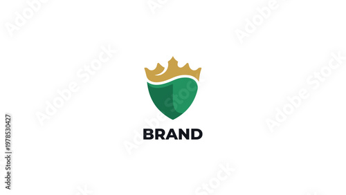 Modern emblem design featuring a majestic golden crown atop a protective green shield, symbolizing strength, quality, and regal distinction for various branding applications