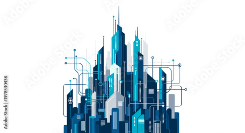 Abstract cityscape illustration conveys innovation and connectivity. Perfect for tech marketing, web design, or any project needing a futuristic feel.