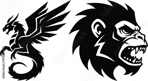 Powerful Dragon and Angry Gorilla Head Vector Logo Symbols