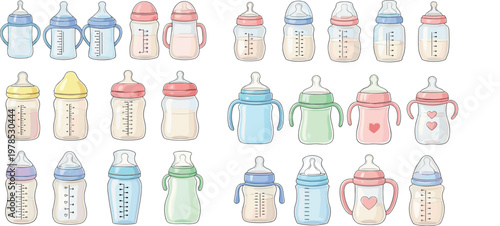Baby feeding bottles collection with different shapes colors and handles cute flat vector illustration childcare equipment isolated background