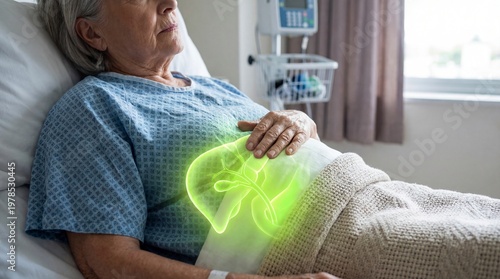 Senior woman patient lying in hospital bed with digital hologram of liver. Medical visualization of internal organ disease. Innovative diagnostic healthcare technology for medicine.