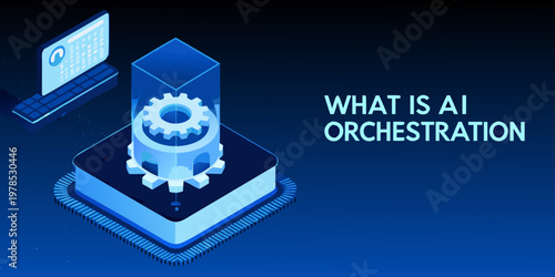 Isometric illustration depicting ai orchestration with technology and gears