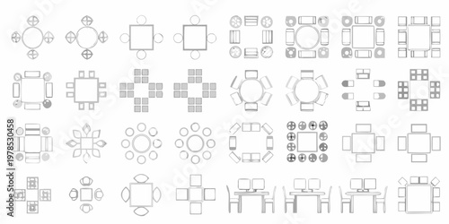 Collection of furniture top down plans including tables chairs and desks