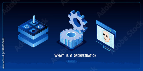 Isometric illustration depicting robotic components and a digital face