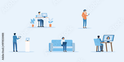 People collaborating remotely using various devices in a modern workspace