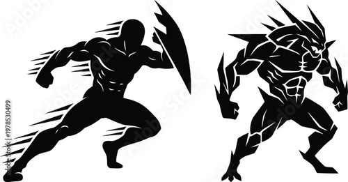 Strong Superhero and Spiky Monster Warrior Silhouette Vector Art