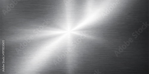 Abstract brushed metal radial texture background, silver stainless steel surface, circular light reflection, modern industrial metallic design, seamless gradient effect