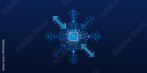 Fotografie Abstract blue circuit board design with radiating directional arrows