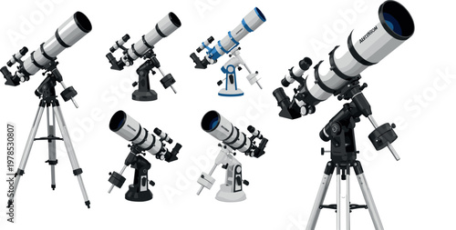 Astronomical telescope collection with different mounts and tripods realistic vector illustration space observation equipment isolated background