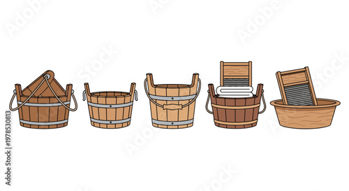 The collection of five distinct wooden laundry tubs and washboards is arranged in a neat row against a clean white background for vintage display.