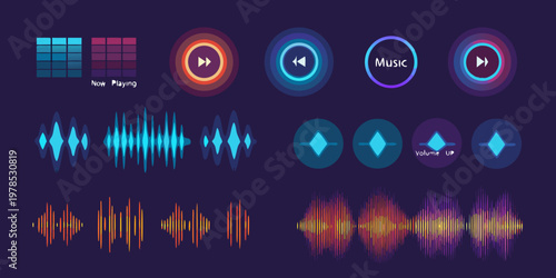 Colorful music player interface elements with waveform and control icons