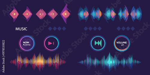 Colorful music equalizer and control icons with waveform visualizations