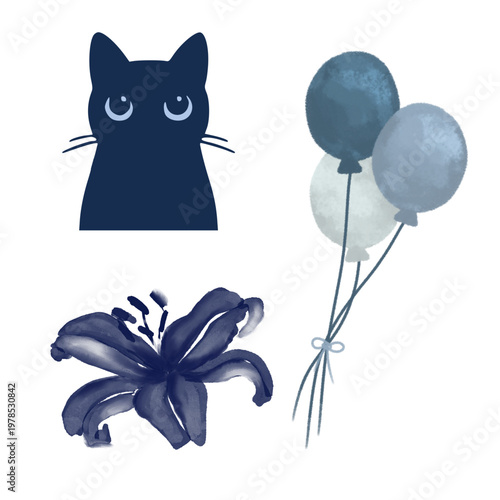 Dark blue cat silhouette with flower and balloons set.