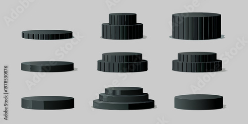 Arrangement of black cylindrical objects with varying stacked designs