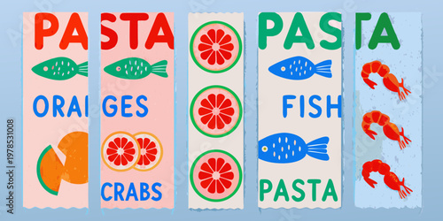 Colorful illustrated food labels featuring pasta fish oranges and crabs
