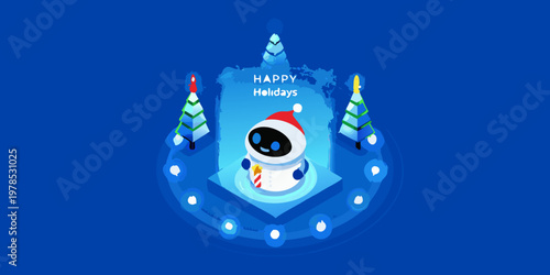 A cute robot wishes happy holidays amidst wintery pine trees