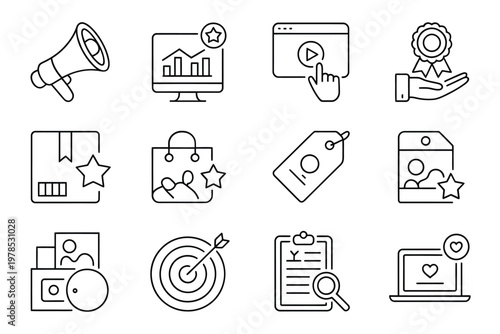 Digital marketing and promotion icons megaphone charts awards and online advertising