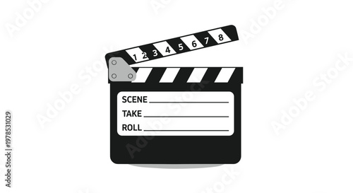 The professional cinematic clapperboard rests against a stark white backdrop featuring high contrast monochromatic tones and crisp clean graphic lines.