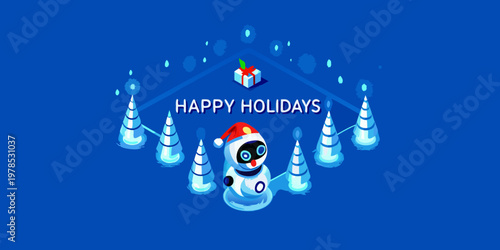 Festive robot snowman wishes happy holidays amidst glowing winter scenery