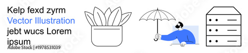 Gardening, data storage, protection, climate, minimalism, technology. A plant, man holding umbrella server icon. Gardening and data storage elements in minimalistic design
