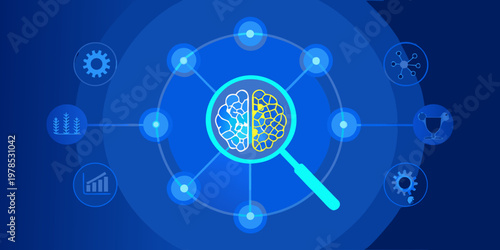 A magnifying glass focuses on a human brain surrounded by icons