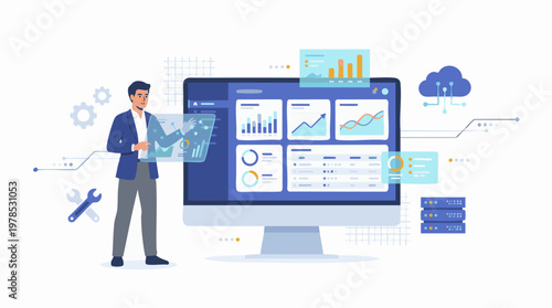 A man presents data on a large computer monitor with graphs and charts in a modern office.