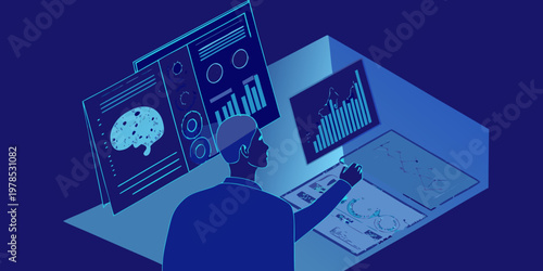 A person analyzes data visualizations and brain activity using technology