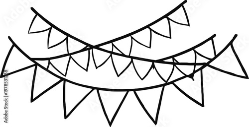 Hand-drawn bunting flags strung on ropes, celebratory decoration vector illustration