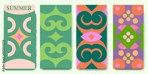 Four vertically oriented colorful abstract patterns with retro styling