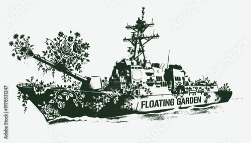 Satirical anti war street art illustration of a naval warship covered in flowers as a floating garden