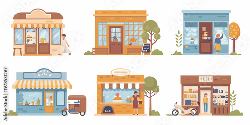 Colorful illustrations of various small storefront businesses and customers