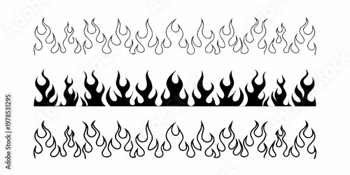 Three rows of black and white flame designs decorative and stylized