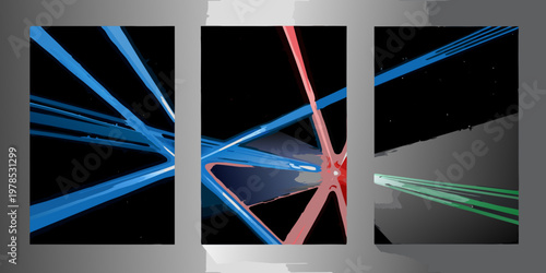 Abstract triptych featuring vibrant light trails and geometric forms