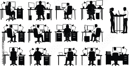 modern office workers silhouettes, business people at desks, teamwork, corporate workspace, remote work concept, productivity, technology, professional environment illustration vector