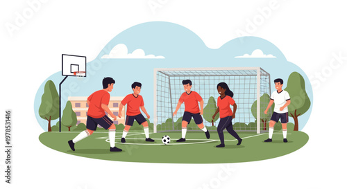 Five players practice soccer on the field near a goal post in a sunny park on a weekend day