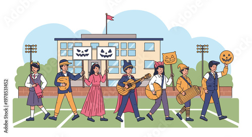 Students walk during a school event carrying signs and musical instruments near the school building during the fall season