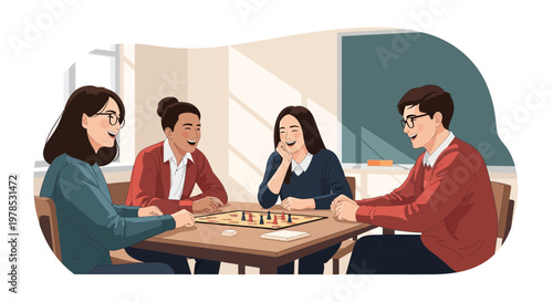 Friends playing board game around a table in a bright classroom during afternoon