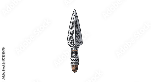 A meticulously engraved stone spearhead featuring intricate scrollwork and a sturdy wrapped handle stands isolated against a pristine, bright white space.