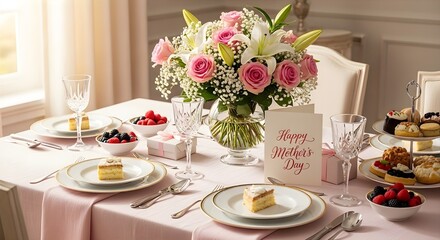 A beautifully set table with a vase of flowers and a Happy Mother's Day card for a special celebration