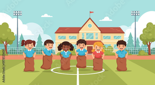 Children play sack race outside school during a sports day event in sunny weather with grass field and school building in the background