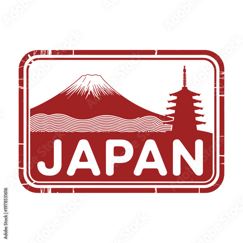 A vintage style red stamp depicting mount fuji a pagoda and the word japan