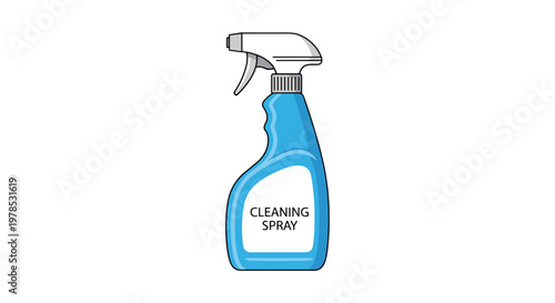 A blue plastic spray bottle with a white label featuring the text cleaning spray stands upright against a clean and bright white studio background.