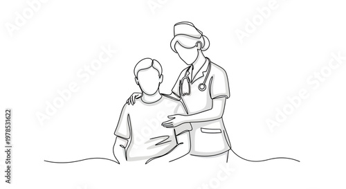Continuous One Line Drawing of Professional Nurse Caring for Patient, Minimalist Healthcare Support and Medical Service Illustration