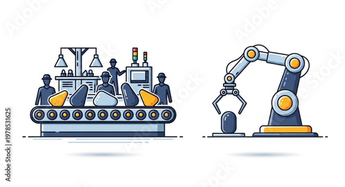 Industrial manufacturing process with conveyor belt and robotic arm.