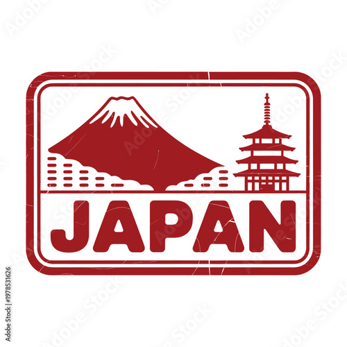 A red stamp featuring mount fuji a pagoda and the word japan in bold