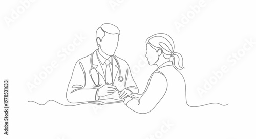 Continuous Line Drawing of Male Doctor Giving Medical Consultation and Advice to Female Patient